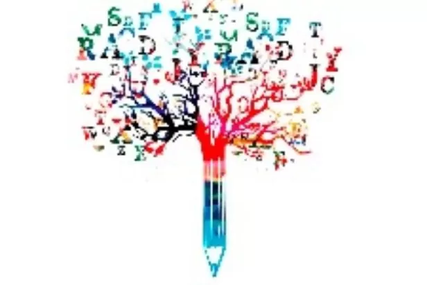 colorful pencil with a tree growing from the top with letters as the leaves
